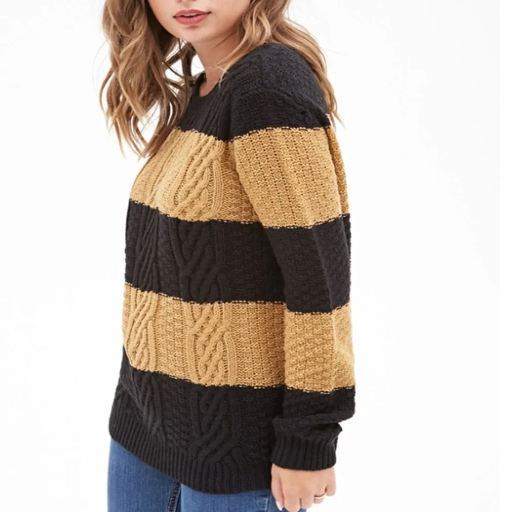 FOREVER 21 Black & Tan Striped Cable Knit Pullover Crewneck Sweater Size M - Picture 2 of 8